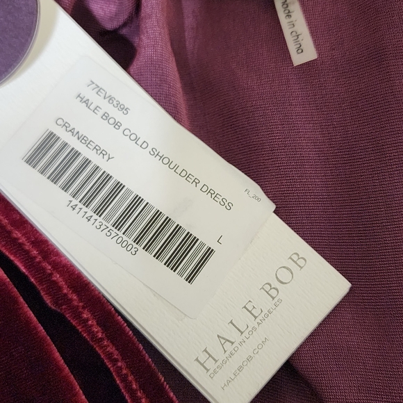 HALE BOB Silk Velvet Cold Shoulder Blouson Dress Tie Shoulder L‎ Cranberry NWT - Picture 13 of 16